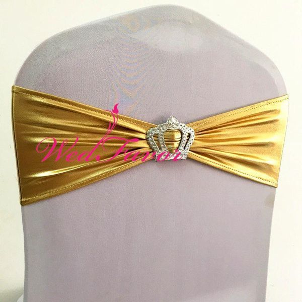 

100pcs shiny metallic gold spandex lycra chair sash bands with crown buckle bronzing banquet stretch chair bow ties for wedding