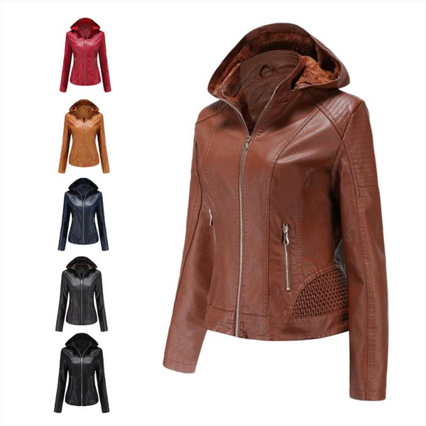 

new autumn winter women's leather jacket overcoat detachable hooded leather jackets ladies motorcycle pu plus velvet warm coat, Black