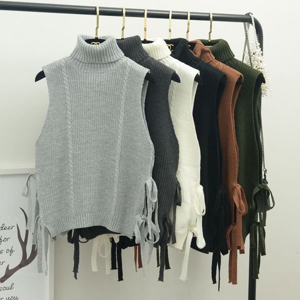 

women autumn and winter the new korean style thick turtleneck bandage loose sleeveless women sweater vest, White;black
