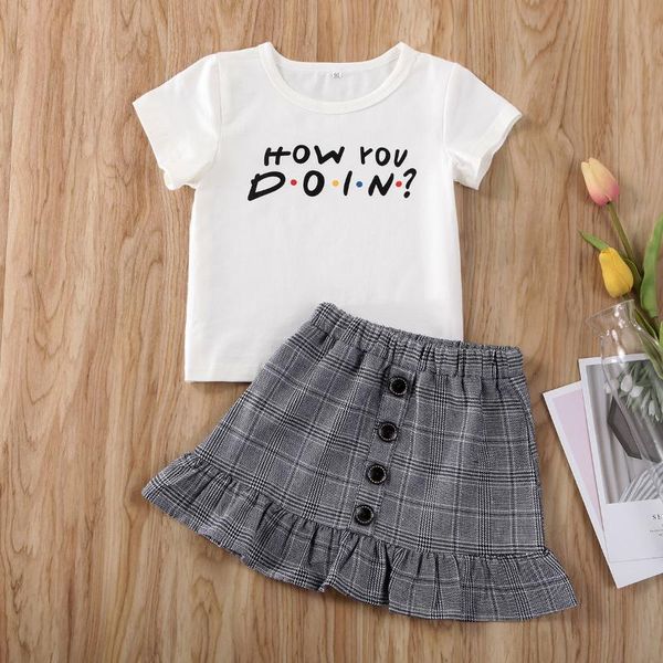 

pudcoco fashion toddler baby girl clothes t-shirt button plaids ruffle mini skirt 2pcs outfits cotton clothes, White