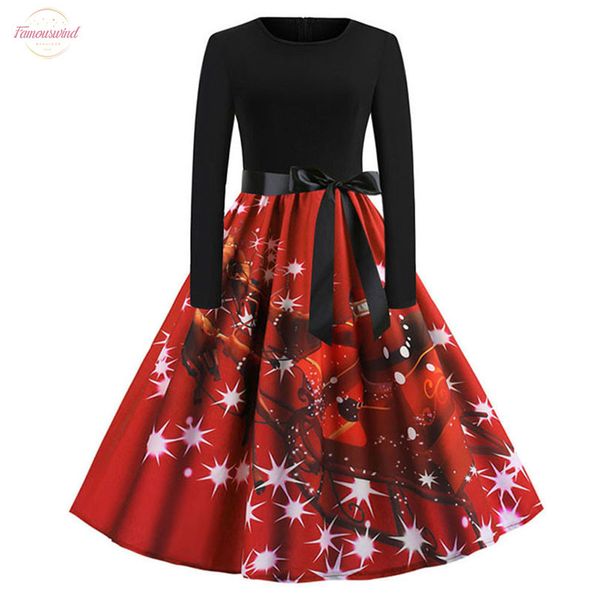 

women winter dress long sleeve print vintage christmas dress santa claus snow print party dress casual elegant midi robe, Black;gray