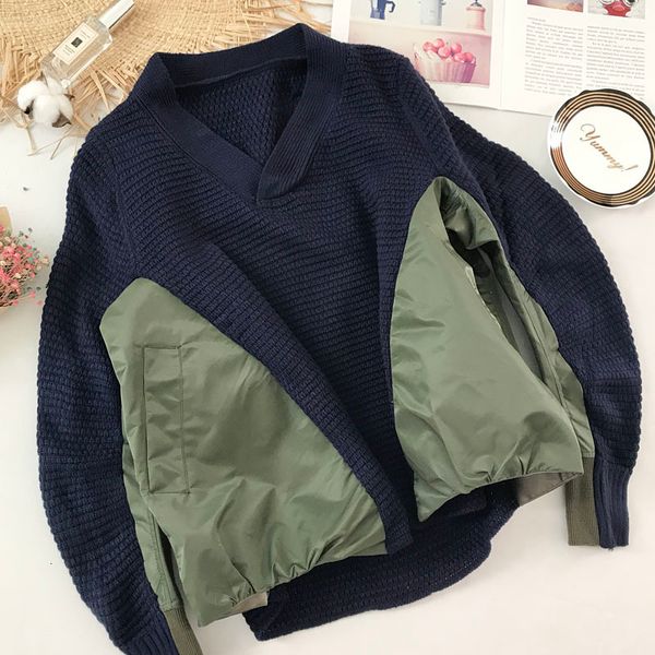 

ewq] 2019 autumn new pattern v-collar long sleeve fake two piece patchwork pullovers casual sweater women 19c-a168-17-0, White;black