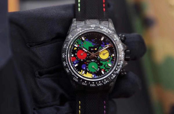 

Diw montre de luxe carbon fiber patterned ca e double ide high len urface leather watchband 7750 timing movement watche de igner watche