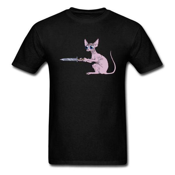 

creative design sphynx swordsman black t-shirt canadian hairless cat print cartoon men short sleeve fun tee shirt, White;black