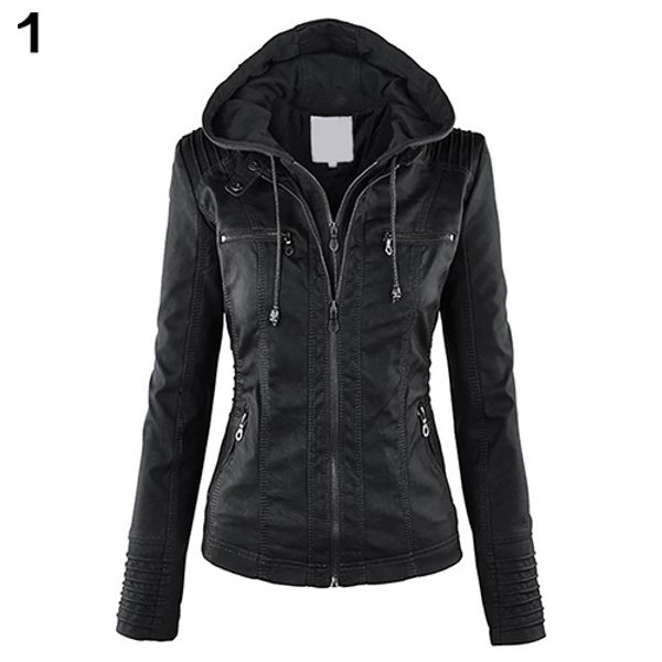 

fashion women convertible collar faux leather coat detachable hooded jacket, Black