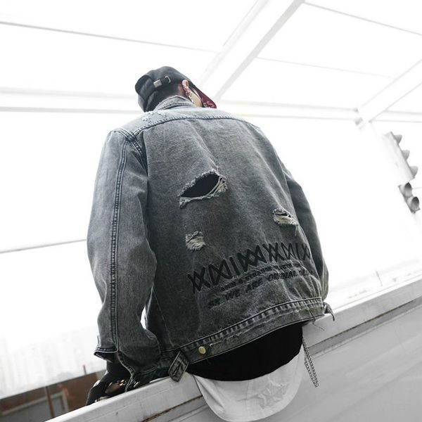 

embroidered letters wash water holes hollow out denim jacket designer men's jacket slim clothing long sleeve hollow out top, Black;brown
