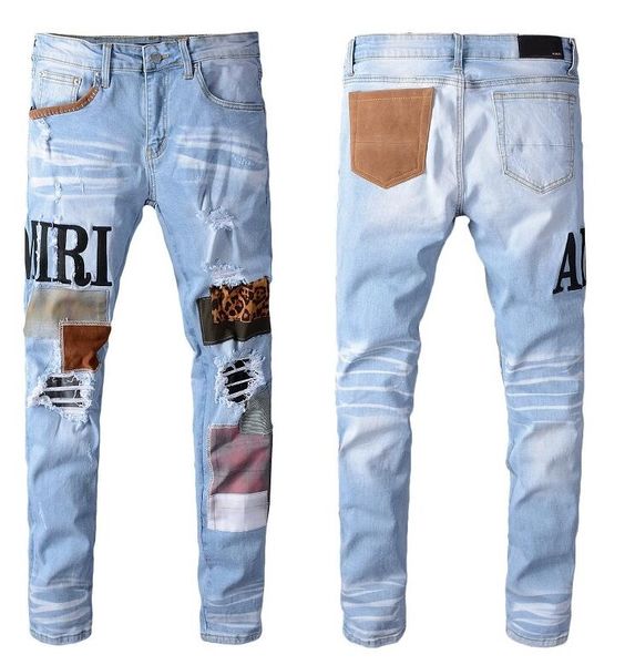 

Kanye 20 men jean amiri brand jean men ca ual hole hort wa hed old patch pant embroidery denim pant feet pant, Blue