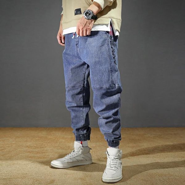 

men's jeans pants clothing men's casual fashion patchwork loose plus size elastic waist haren jeans pants roupas masculina, Black