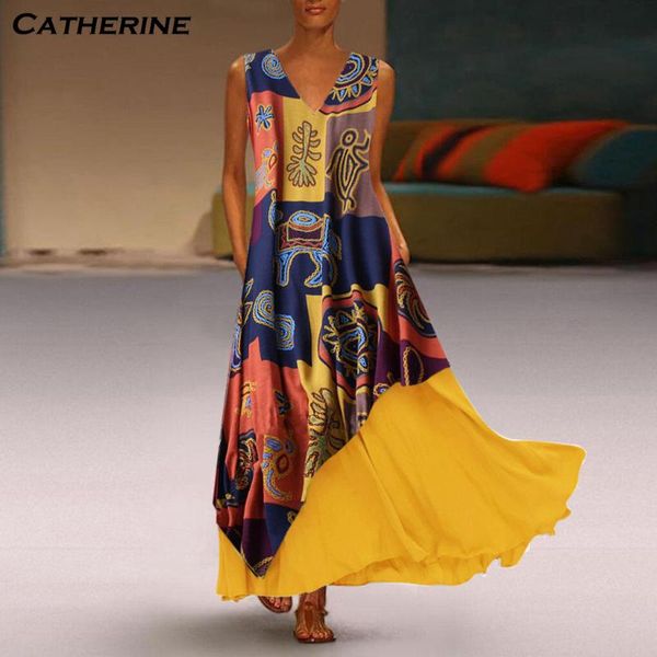 

women summer dress 2020 plus size print daily casual sleeveless vintage bohemian v-neck maxi dress female fashion vestidos#j3, Black;gray