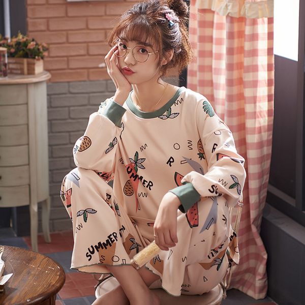 

women sleepwear autumn clothes for women pajamas set full pants cotton fruit print casual style nightgown 4xl, Black;red