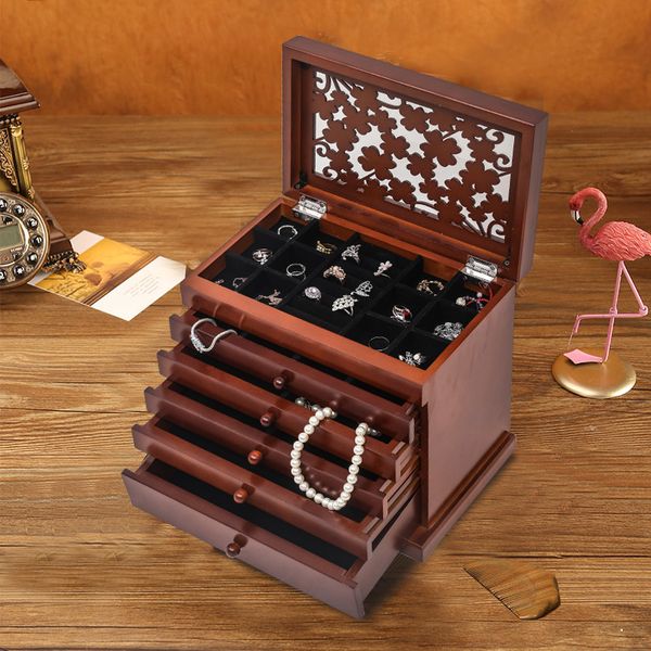 

5 drawers 6 layers wooden jewelry box pattern dressing table jewelry storage display box brown, Black;white