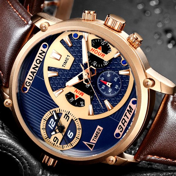 

relogio masculino guanqin luxury mens sport multiple time zone multifunction quartz watch classic men retro leather wristwatch, Slivery;brown