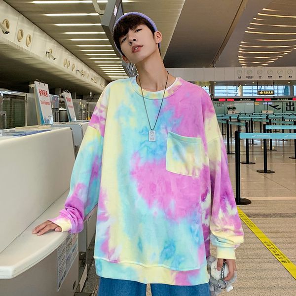 

autumn new plus velvet hoodies men warm fashion tie dye printing casual o-neck pullover man streetwear hip hop loose sweatshirt, Black