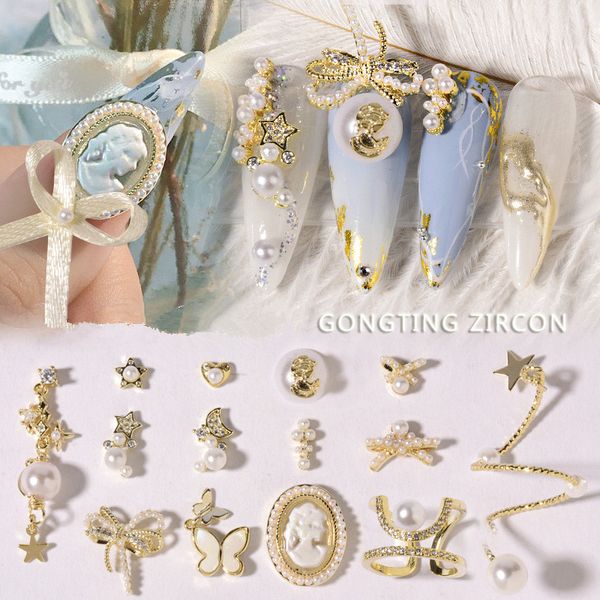 

new manicure jewelry diamond beauty head style nail ring decoration metal bow pearl zircon bracelet nail decoration, Silver;gold