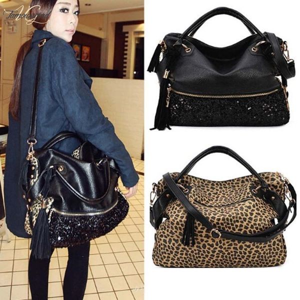 

womens leopard print leopard black purse handbag hobo glitter sequin pu leather shoulder bag drop shipping good quality