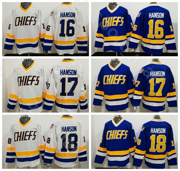 

Slap Shot Movie 16 Jack Hanson Jersey Men Charlestown Chiefs 17 Steve Hanson 18 Jeff Hanson Ice Hockey Jerseys Team Blue Away White