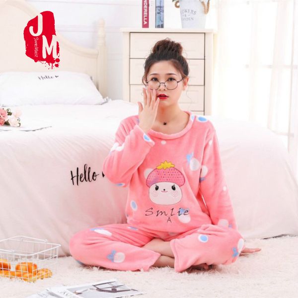 

sleepwear women warm flannel pijamas women o-neck pajama set flannel long sleeve pyjama femme coral fleeceÂ print  l xl xxl, Black;red