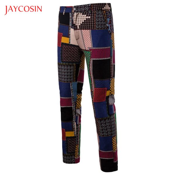 

joycosin 2019 men's pants autumn winter men pants casual fashion 3d plaid patchwork straight zipper trousers, Black