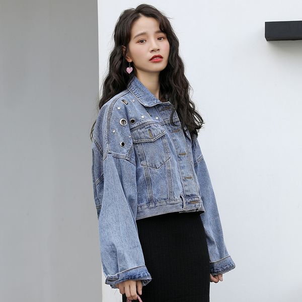 

preppy style blue crop jacket women denim ring detail dual pocket jacket ladies fall jeans jackets womens clothing outerwear, Black;brown