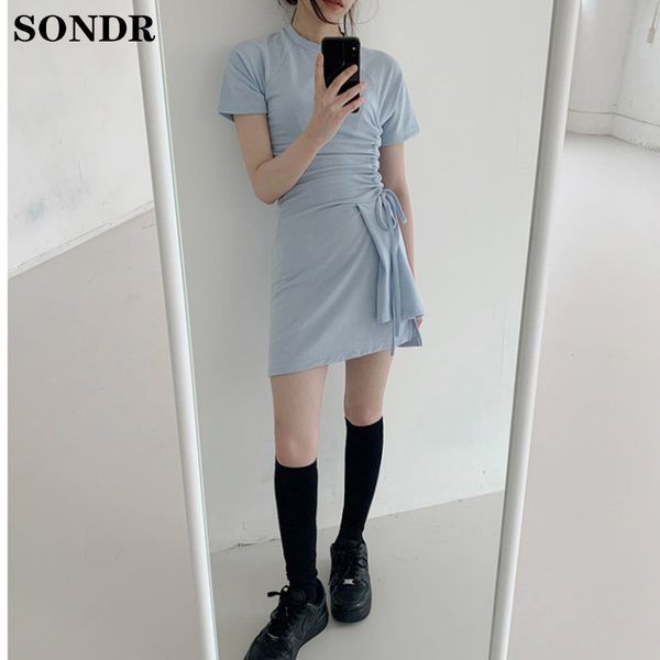 

casual dresses elegant o neck women summer dress slim short sleeve drawstring vintage korean a-line mini vestidos 2021, Black;gray