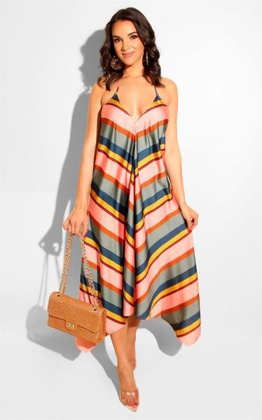 

v-neck spaghetti strap long maxi dresses women beach holiday summer dress striped, Black;gray
