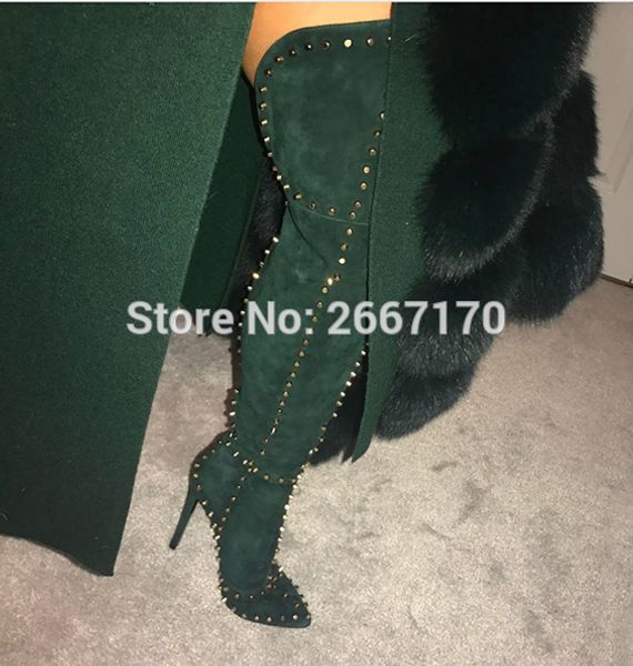 

fashion celebrity stiletto high heels spiked shoes woman pointed toe womens booties rivet stud embellished thigh high boots, Black