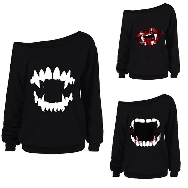 

womens leisure loose oblique printing halloween t-shirt long-sleeve round neck, White;black
