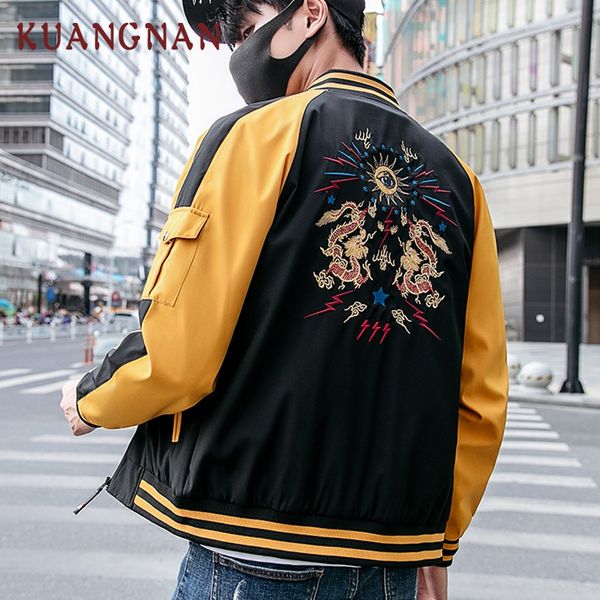 

kuangnan chinese style men jacket coat dragon embroidery streetwear men jacket coat hip hop mens bomber jackets 2018 autumn, Black;brown