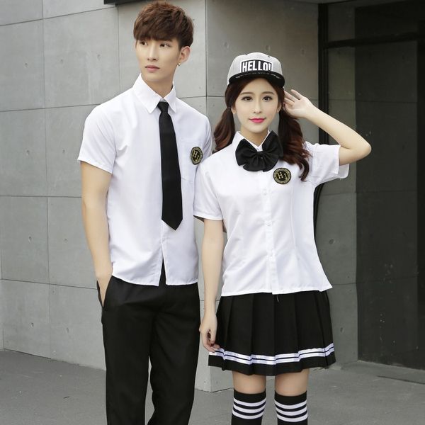 

японская школьная форма подросток колледж костюм младшая школьная форма с коротким рукавом белый топ синяя юбка матросский костюм d-0206, White