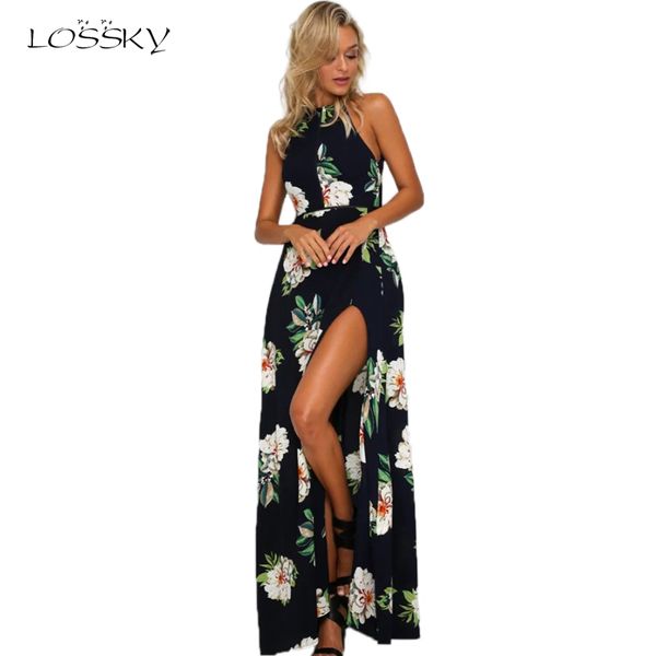 

floral print halter chiffon long strapless dress women backless summer maxi dresses split beach flowy dress 2020 sundress, Black;gray