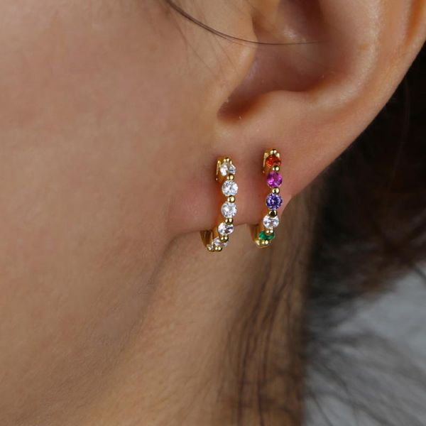 

mini small hoop huggies earring with rainbow cz paved small skinny classic minimal earrings for women lady girl colorful jewelry, Golden;silver