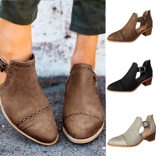 

lady's shoes fashion spring single shoes women's round toe hollow high heels booties outdoor vintage rubber booties, Black