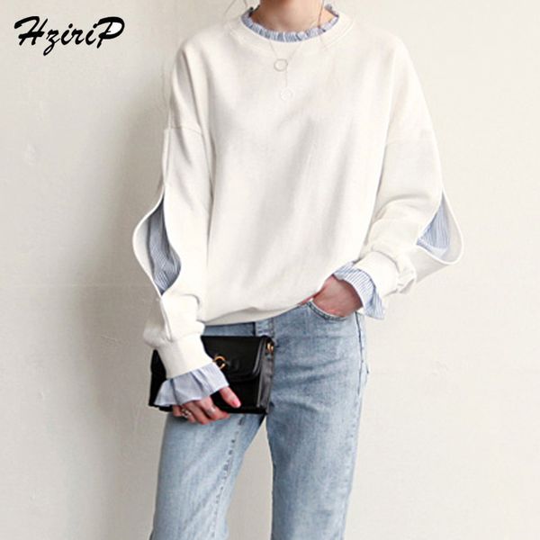 

hzirip new autumn winter sweatshirts women 2017 new ruffles collar lantern sleeves side split solid loose casual tracksuit, Black