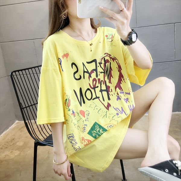 

pull frame cotton 2020 women's graffiti printed short-sleeved t-shirt ins pull frame cotton 2020 women's graffiti printed short-sl, White