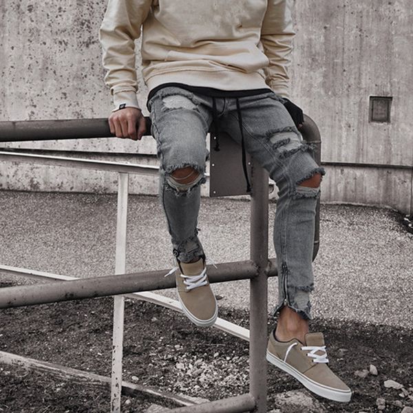 

vertvie men jeans casual ripped hole denim pants men ankle length stretch pants male autumn fashion cool slim fit denim trousers, Blue