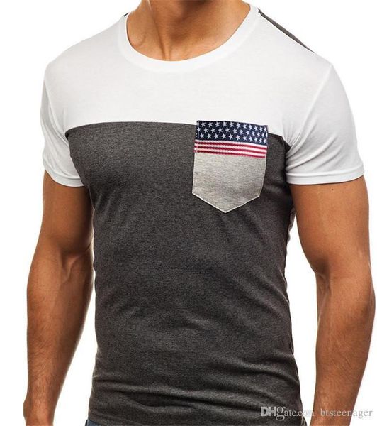 

mens tshirts fashion summer round neck short sleeve mens causal breathable tees flag ribbon pocket, White;black