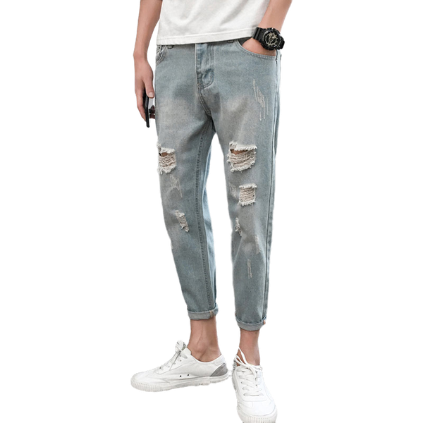 

fashion streetwear men's jeans vintage blue gray color skinny destroyed ripped jeans broken punk pants homme hip hop men