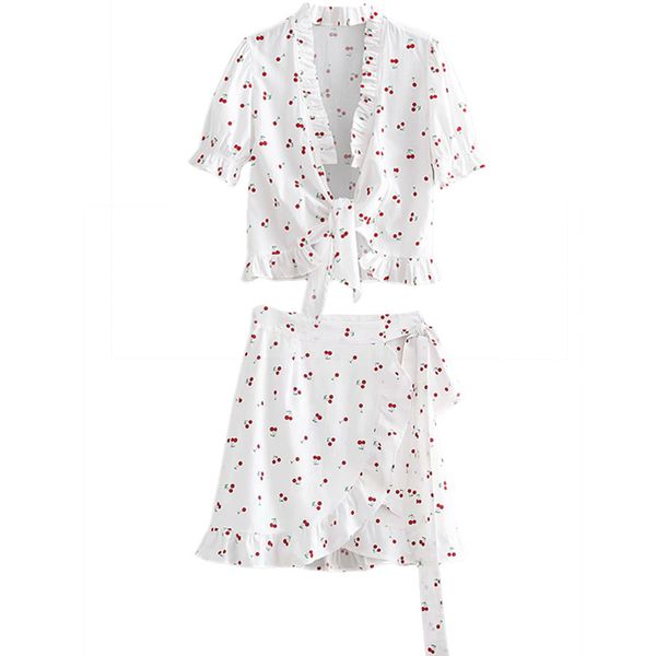 

fashion suit female 2019 summer new cherry shirt skirt two-piece temperament fashion short loose elegant casual women's clothes, White