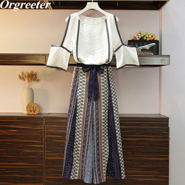 

2020 summer new vintage enthic printted wide leg pants two piece off shoulder flare sleeve patchwork white blouse suits