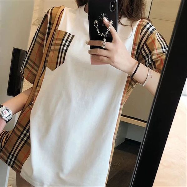

20bbr round collar men's and women's loose color contrast ba family classic plaid fashion brand shoulder-sliding short-sleeved t-s, White