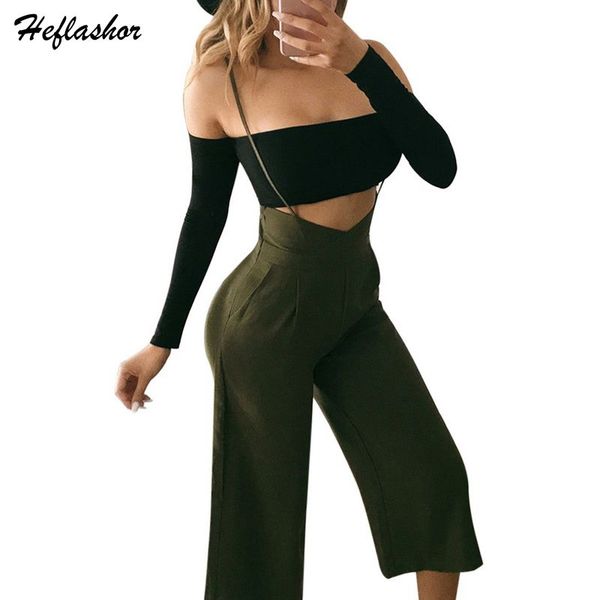 

heflashor summer women casual loose off-shouder jumpsuits strap wide leg calf-length pants ladies sling backless jumpsuit, Black;white