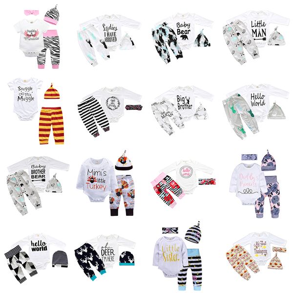 

kids designer clothes boys girls outfits children letter print romper +stripe geometry pants+hat 3pcs/set autumn baby clothing setsc1847, White