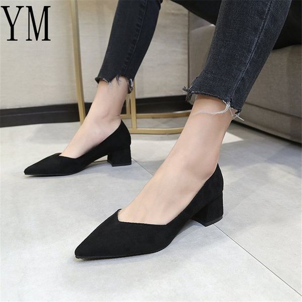 

fashion thick high heels shoes women pumps pointed toe work shoes slip on high heels spring footwear size 35-39, Black