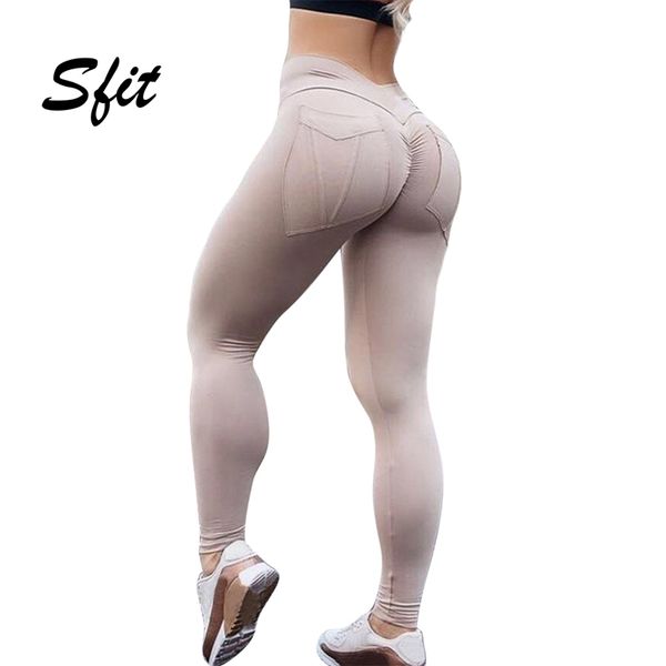 

sfit women high waist out pocket yoga pants tummy control workout running stretch yoga leggings solid gym lggings 2019 fashion, White;red
