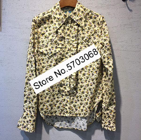 

elfstyle] - 2020 new желтый цветочные печати рубашка грудь карманы волан detail длинные рукава мода топы женщина блузка, White