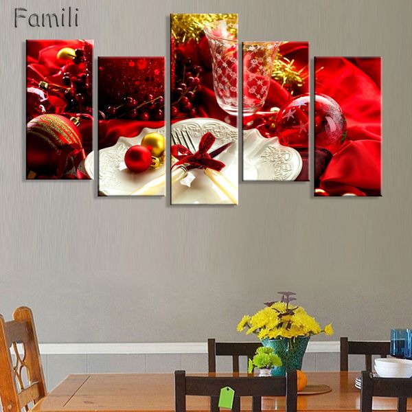 

5pictures combination wall art table full of fresh vegetables fruit and other healthy foods on canvas for home decoration