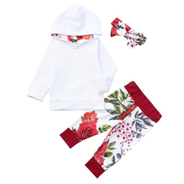 

baby long sleeve pocket hooded sweater + rose pants + hair band three-piece suit set newborn baby beauty soft outfits fashion, White