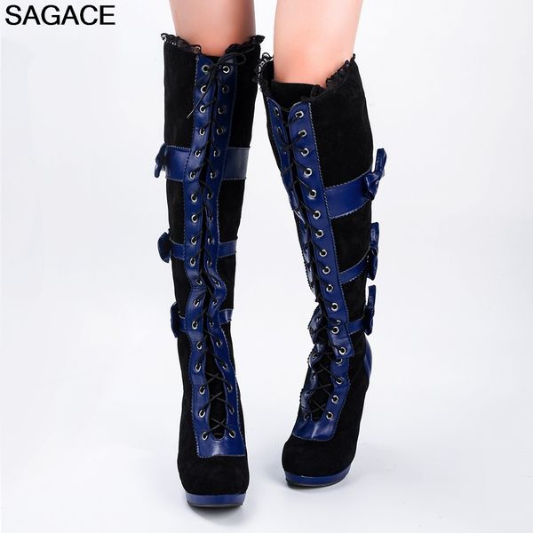 

sagace boot fashion women's cosplay black vegan leather over knee boots gothic lolita bows lace-up punk large size bota feminina