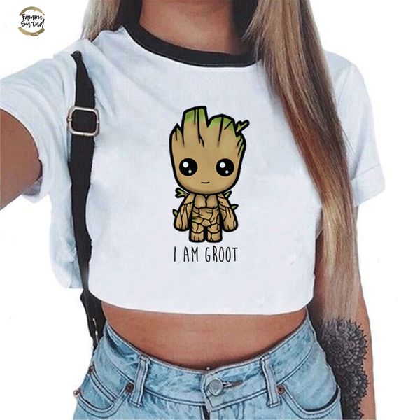 

women t-shirt cute bady groot printed crop tshirt tee funny fashion vogue cartoon t shirt harajuku cropped tumblr, White