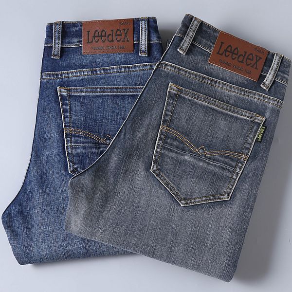 

mens designer leedex big jeans straight tube youth stretch slim long pants tide, Blue